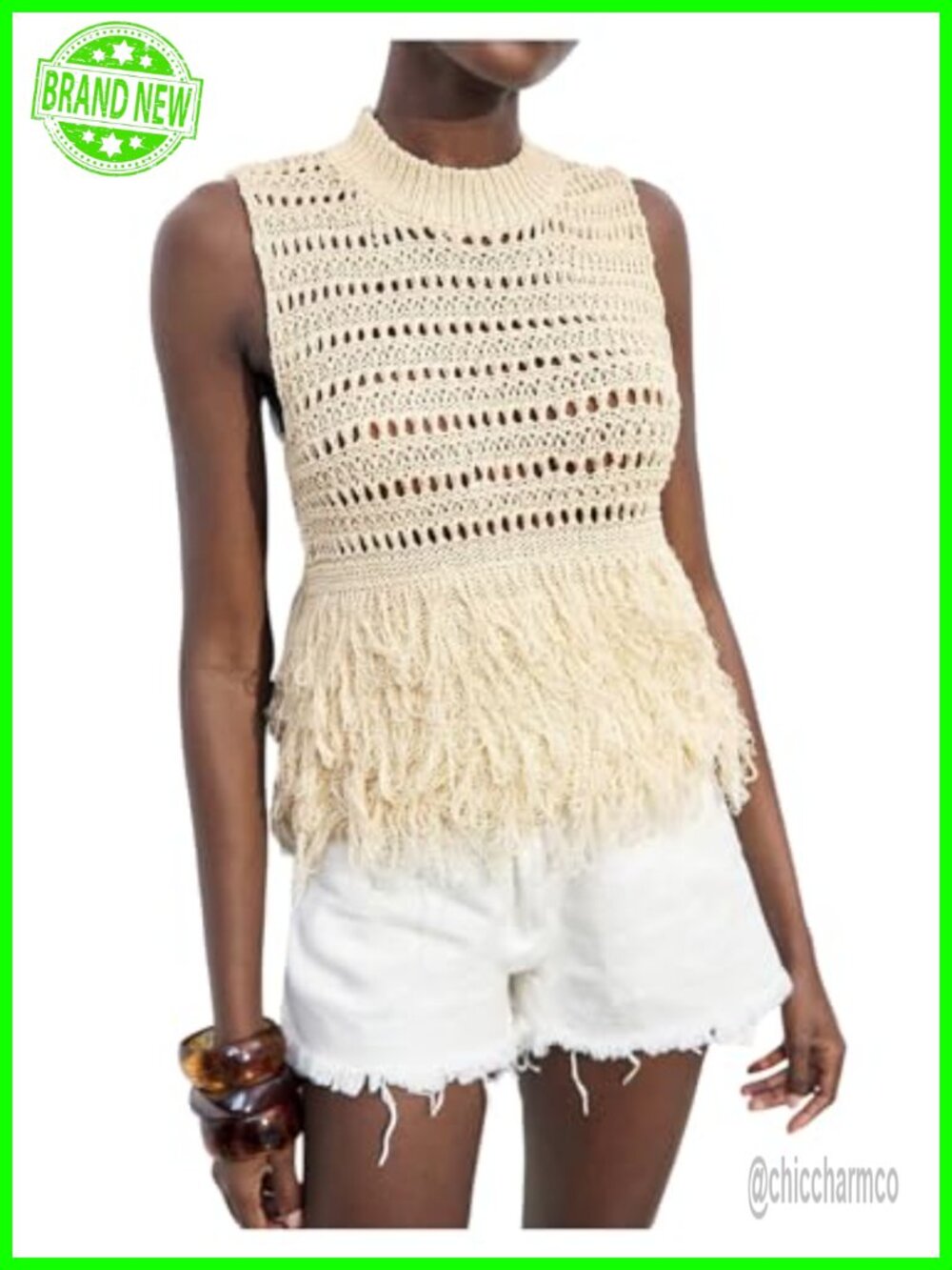 Womens Crochet Tank Top Fringe Hem Mock Neck Sleeveless Knit Boho Summer